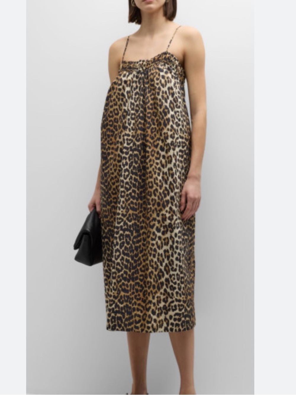 Ganni Leopard-Print Spaghetti Strap Dress, EU SIZE 40